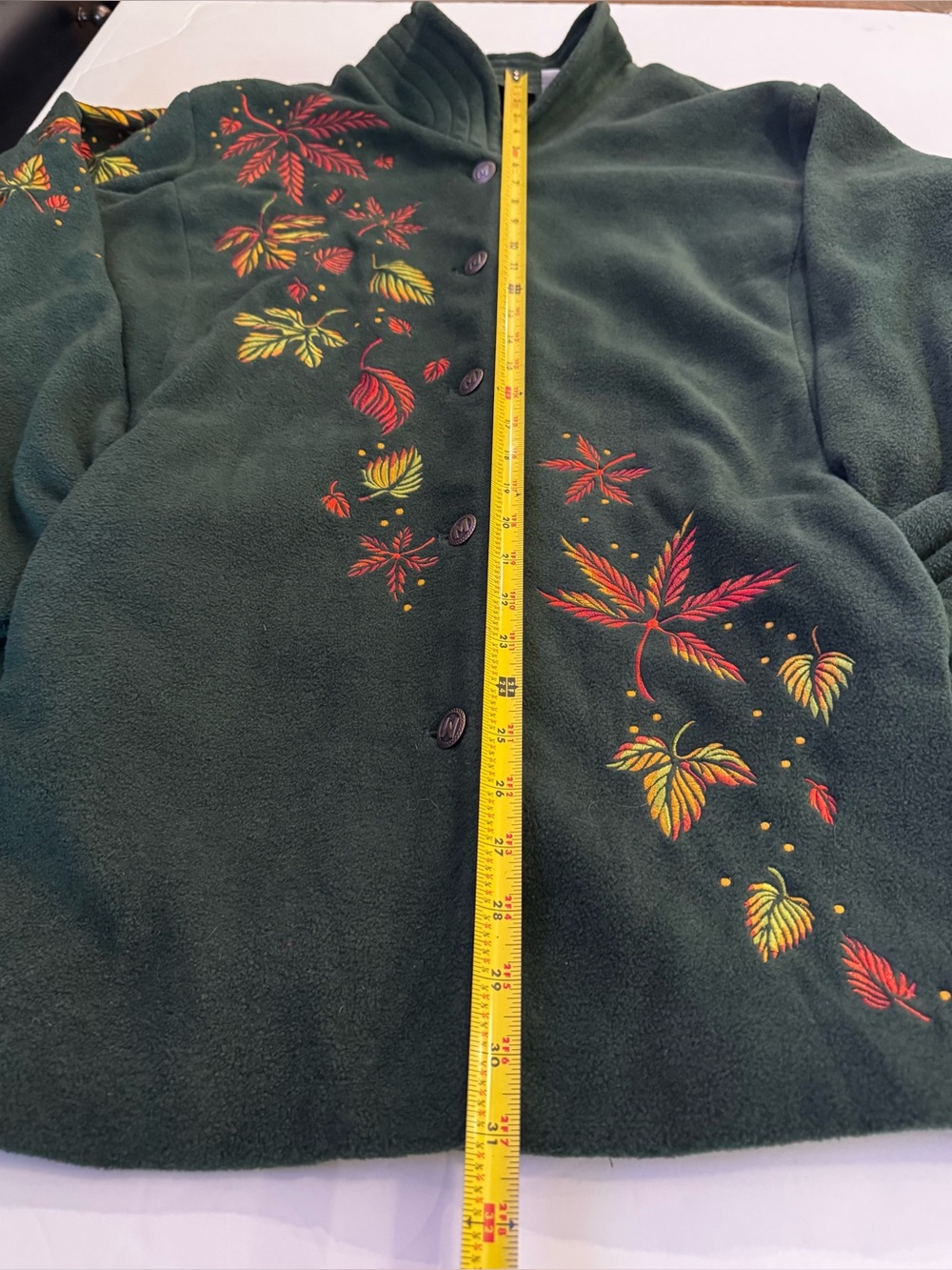 Bob Mackie Dark Green Fall Leaves Embroidered Fleece Button-Up Sweater Jacket 2X - Picture 12 of 14